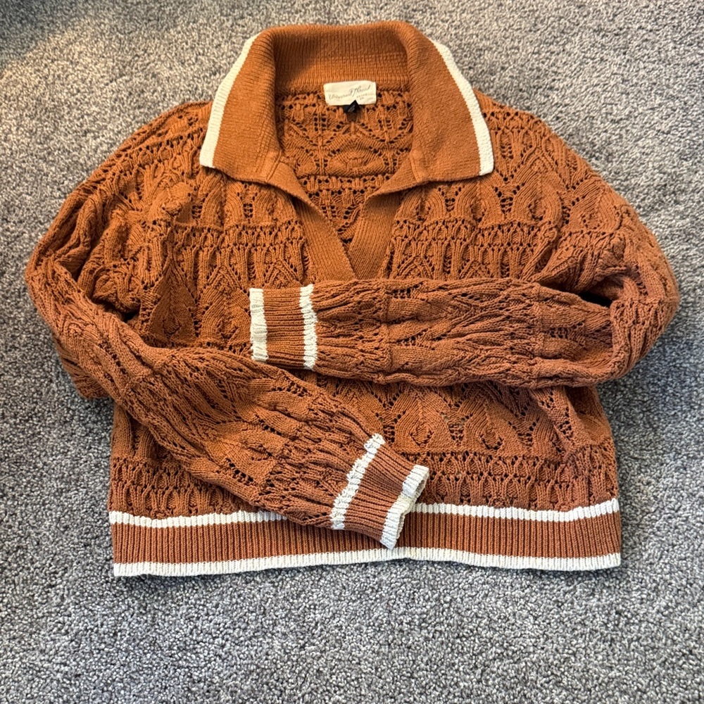 Universal Thread Rust Knit Polo Sweater with Cream Trim - retro, classic, crop